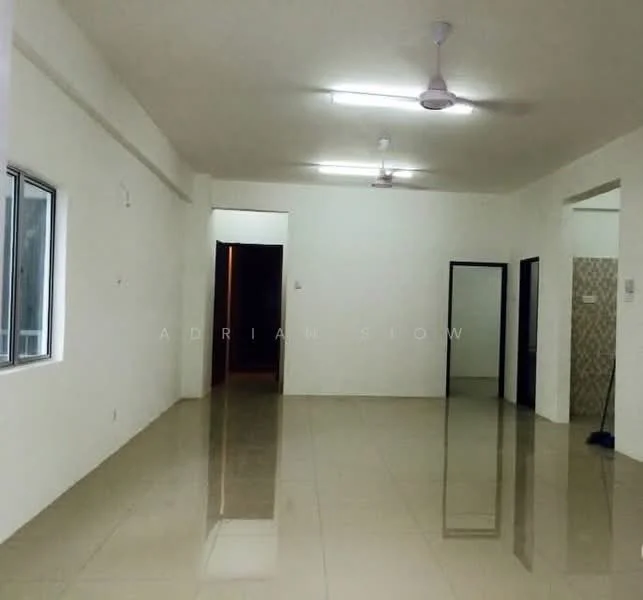 Room features: white painted walls, polished floor tiles, 2 ceiling fans, large window, doorway leading to another room, doorway leading to bathroom, neutral color scheme, fluorescent ceiling lights; style: modern.