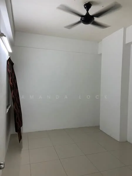Room features: white painted walls, tile flooring, ceiling fan, window with curtain, no visible furniture.