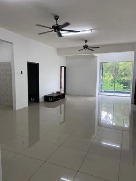 Living features: white painted walls, glossy ceramic tile flooring, 2 ceiling fans, large sliding glass door, floor-to-ceiling windows, natural light, minimalist decor, open layout; style: modern; view: garden.