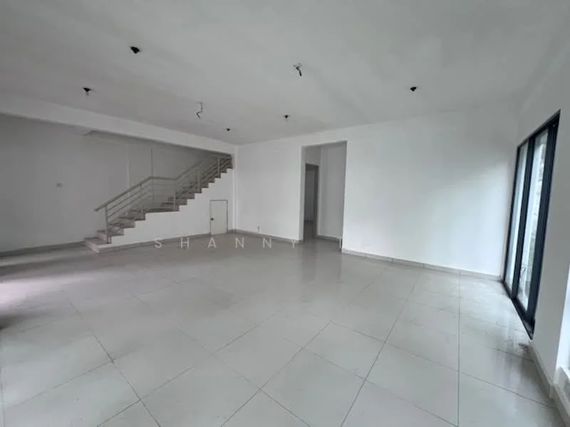 Room features: white painted walls, grey tiled flooring, large floor-to-ceiling windows, staircase with metal railing, recessed lighting, open layout, no visible furniture, natural light from windows; style: modern.