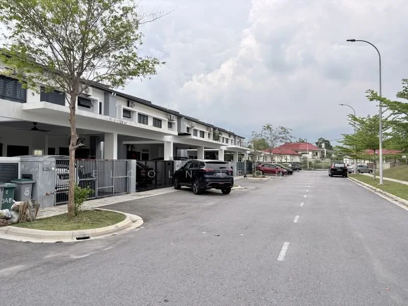 Exterior type: linked terrace house; features: two-storey linked terrace houses, grey painted facade, driveway with interlocking pavers, manicured lawn, mature trees, street lighting, curbside parking, fenced front yards; style: modern.