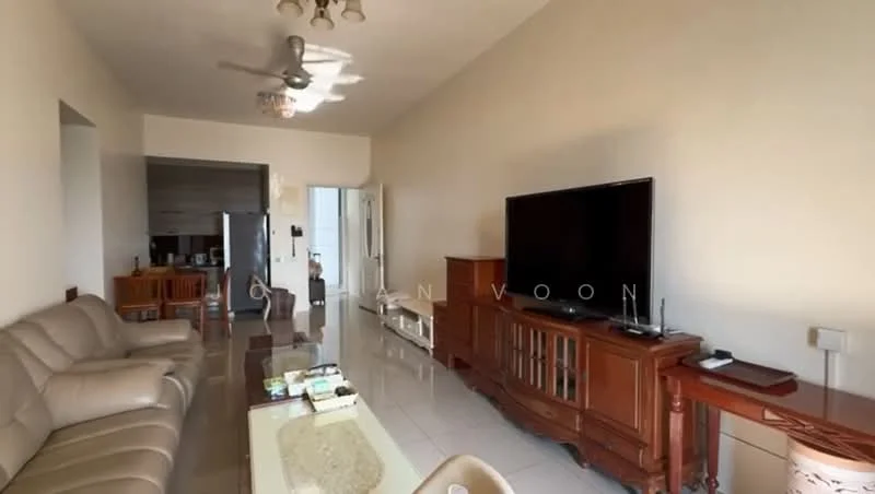 Living features: 3-seater leather sofa in beige, coffee table, TV console, wall-mounted TV, entertainment unit, area rug, ceiling fan, recessed downlights, white painted walls, glossy tile flooring; style: modern.