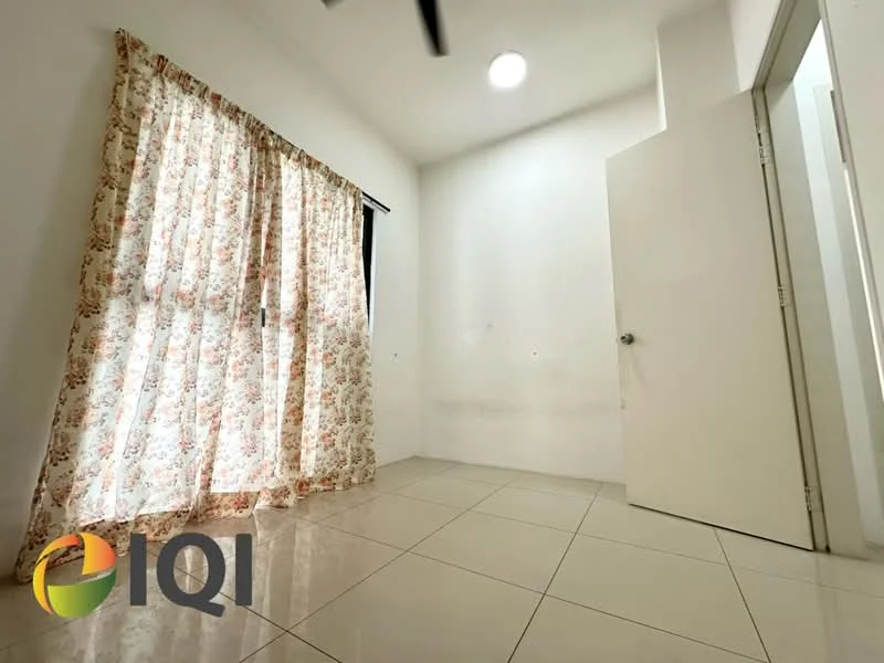 Room features: white painted walls, tile flooring, curtains with floral pattern, single door, window with black frame, ceiling light, no visible furniture.