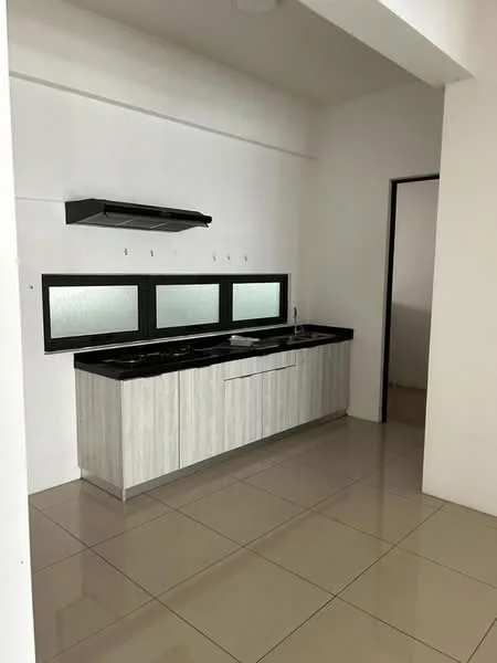 Kitchen features: black granite countertop, light wood cabinetry, stainless-steel sink, chrome pull-down faucet, built-in gas hob, stainless-steel range hood, ceramic tile flooring, white painted walls, three-panel windows, open layout; style: modern.