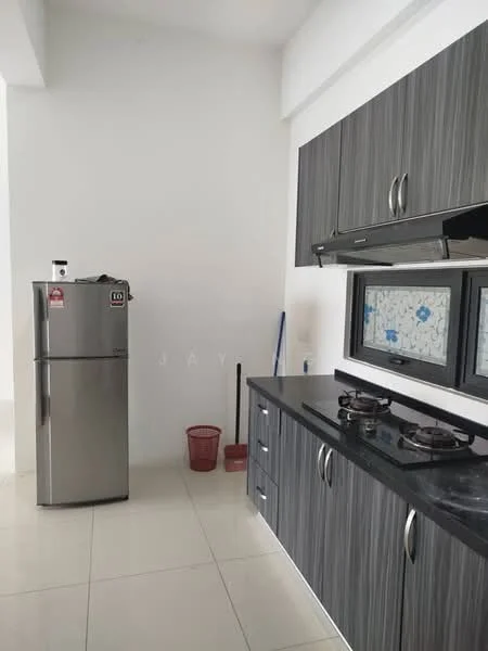 Kitchen features: stainless-steel fridge, black granite countertop, dark wood cabinetry, built-in gas stove with two burners, white tiled backsplash, white walls, ceramic tile flooring, window with glass panes; style: modern.
