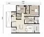Floor plan: 2-bedroom 2-bathroom unit; features: open-plan kitchen-dining-living, master bedroom with ensuite bathroom, bedroom 2 with shared bathroom, balcony off living room, utility room, laundry area, central foyer, 1 car porch.