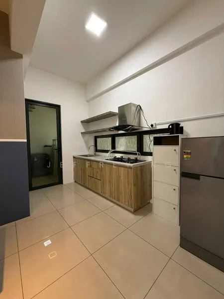 Kitchen features: wood cabinetry, stainless-steel sink, chrome pull-down faucet, built-in gas stove, stainless-steel range hood, countertop with backsplash, refrigerator, tile flooring, wall-mounted shelves, window with grid pattern, light fixture in ceiling; style: modern.