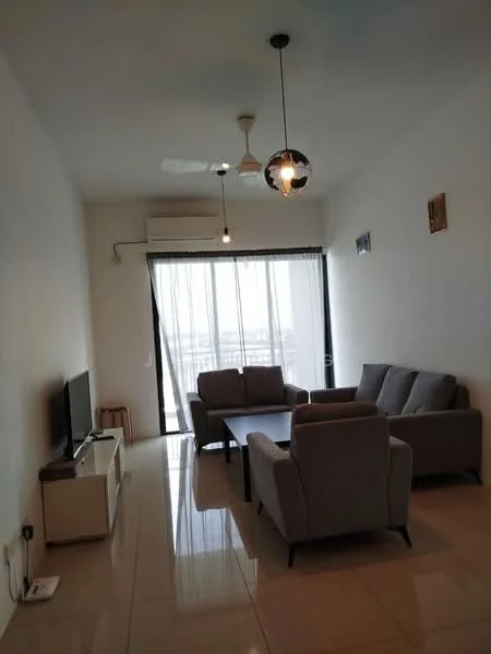 Living features: grey fabric sofa, 2-seater sofa, 3-seater sofa, coffee table, wall-mounted TV, TV console, floor-to-ceiling windows, sheer curtains, ceiling fan with light, recessed downlights, glossy tile flooring, white painted walls; style: modern; view: city.