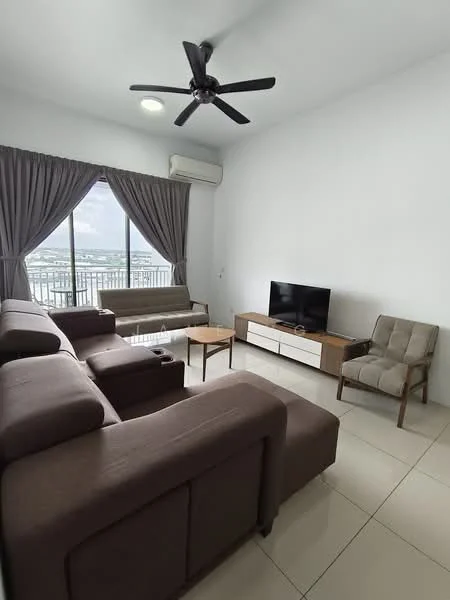 Living features: L-shape sectional sofa in brown, coffee table, TV console in wood, wall-mounted TV, floor-to-ceiling windows, curtains in grey, ceiling fan with light, split air conditioning unit, white painted walls, tile flooring; style: modern; view: city.