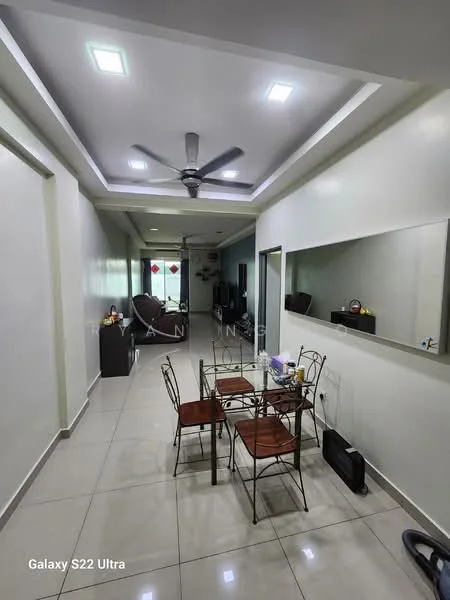 Dining features: 4-seater dining table, metal dining chairs with wooden seats, white painted walls, polished tile flooring, ceiling with recessed lighting, 5-blade ceiling fan, large mirror on wall, open layout to living area; style: modern. Living features: wall-mounted TV, sofa visible in background, decorative items on shelves, natural light from windows, open layout to dining area; style: modern.
