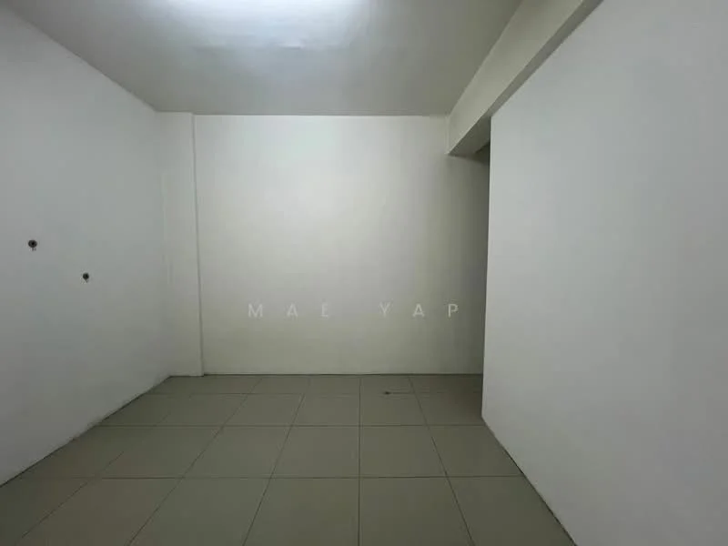 Room features: white painted walls, grey tile flooring, no visible windows, no visible doors, minimal decor; style: minimalist.
