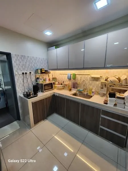 Kitchen features: L-shaped kitchen layout, grey high-gloss cabinetry, white countertop, single-bowl stainless-steel sink, chrome pull-down faucet, built-in microwave, freestanding range oven, ceramic tile backsplash, recessed LED downlights, white tiled flooring, kitchen utensils and appliances on countertop, wall-mounted electrical outlets, open shelving, under-cabinet lighting; style: modern.