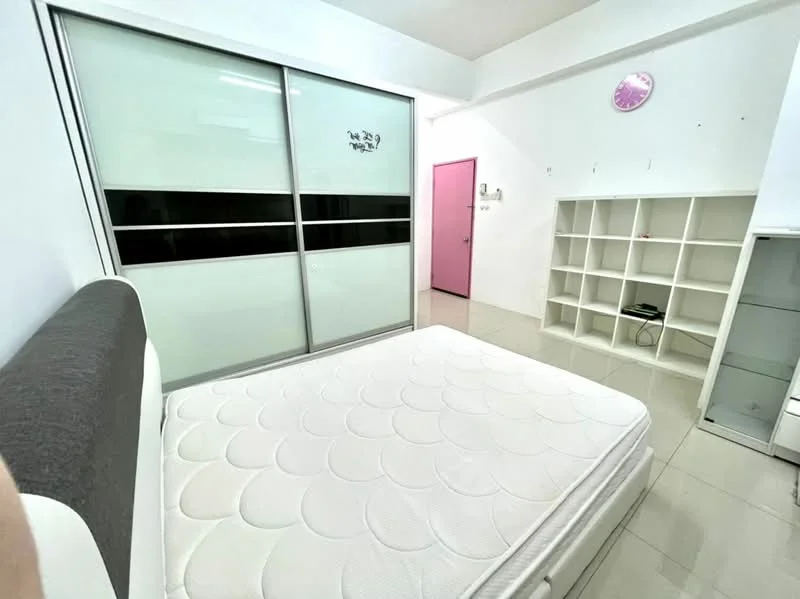 Bedroom features: queen-size bed, white mattress, sliding glass wardrobe with black accents, pink door, white walls, grey accent wall, tile flooring, built-in shelving unit, wall clock; style: modern.