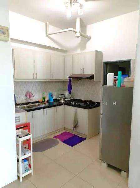 Kitchen features: white shaker cabinets, grey countertop, stainless-steel fridge, built-in stove, exhaust hood, single-bowl stainless-steel sink, chrome pull-down faucet, ceramic tile backsplash, tile flooring, recessed downlights, kitchen mat, open shelving, microwave, kettle; style: modern.