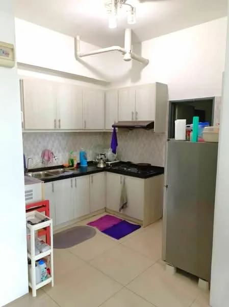 Kitchen features: light wood cabinetry, black granite countertop, stainless-steel sink, chrome pull-down faucet, built-in gas stove, exhaust hood, refrigerator, tile backsplash, ceramic tile flooring, wall-mounted shelves, colorful kitchen mats; style: modern.