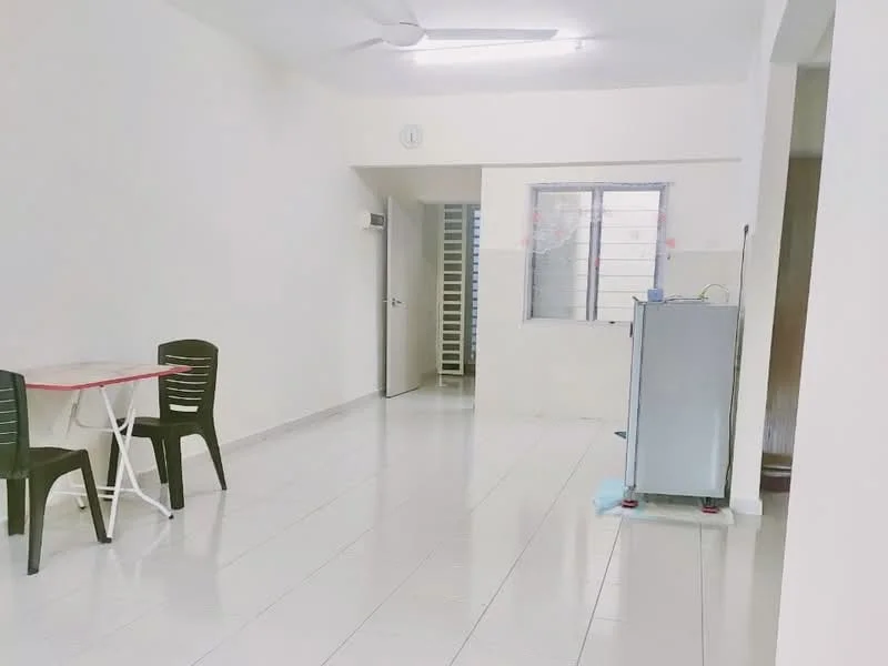 Room features: white painted walls, glossy tile flooring, ceiling fan, window with metal grille, refrigerator, small dining table with red top, two black plastic chairs, doorway leading to another room; style: modern.