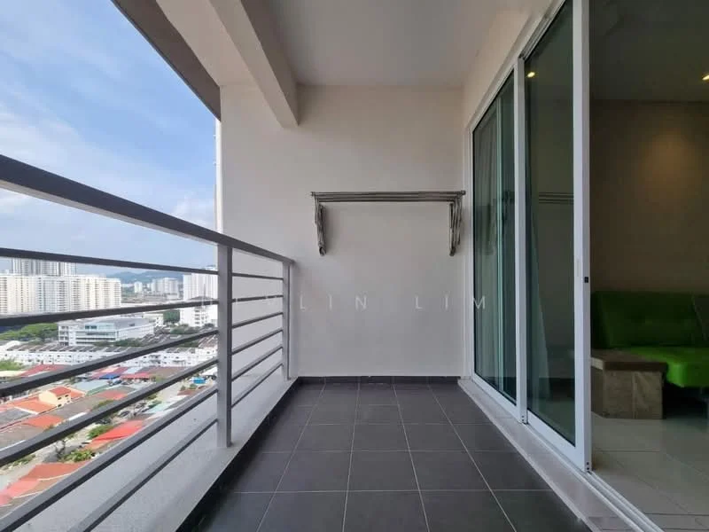Room features: sliding glass door, floor-to-ceiling windows, grey tiled flooring, metal railing, open balcony, city view; view: city.