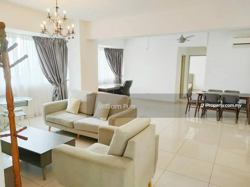 Living features: 3-seater fabric sofa in light grey, coffee table, chandelier, floor-to-ceiling windows, sheer curtains, wall-mounted AC unit, polished ceramic tile flooring, ceiling fan; style: modern. Dining features: 6-seater dining table, upholstered dining chairs; style: modern.