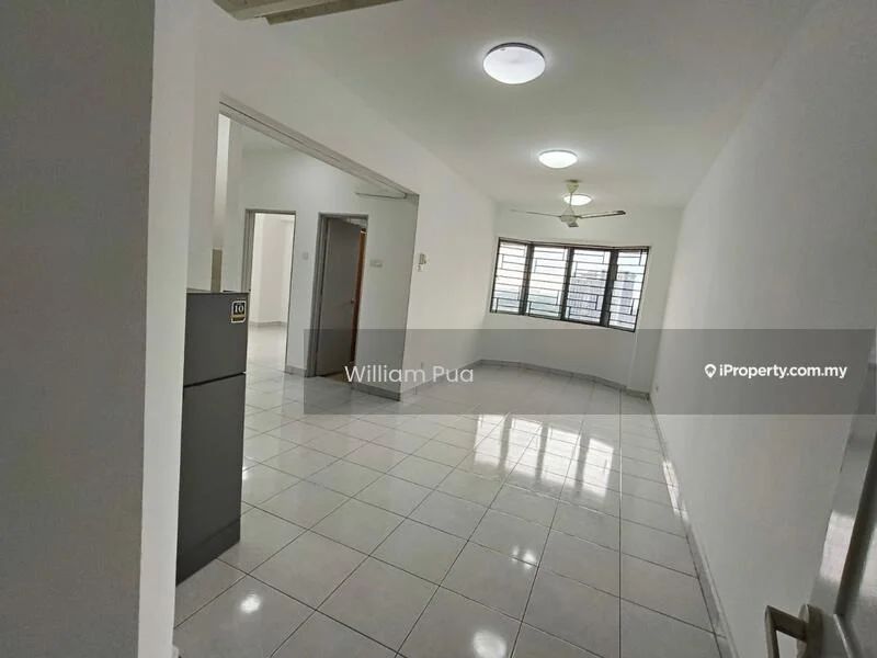 Room features: white painted walls, glossy white tile flooring, ceiling fan, large windows, natural light, open layout, neutral color scheme, corner room; style: modern.