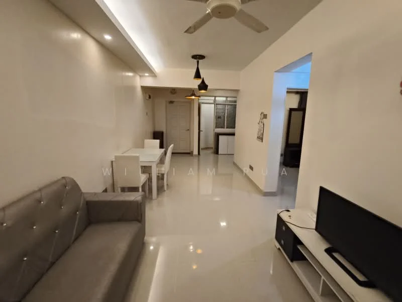 Living features: grey upholstered sofa, white dining table for 4, white dining chairs, TV console, wall-mounted TV, ceiling fan, recessed lighting, polished tile flooring, white painted walls, decorative pendant light, open layout; style: modern.