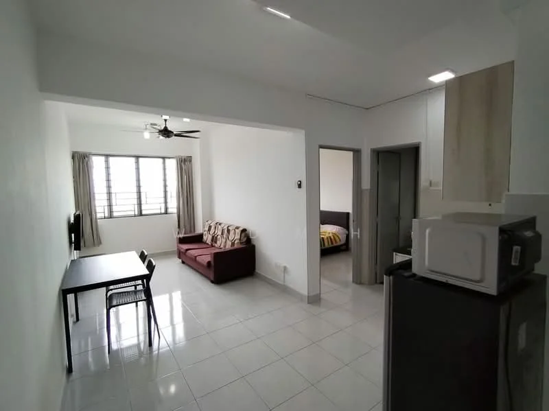 Living features: white painted walls, glossy white tile flooring, 5-blade ceiling fan with light, sofa in maroon, dining table with 4 chairs, wall-mounted TV, floor-to-ceiling windows with sheer curtains; style: modern. Bedroom features: double bed, bedding, built-in wardrobe, grey accent wall.