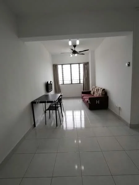 Living features: white painted walls, glossy ceramic tile flooring, 5-blade ceiling fan with light, large window with sheer curtains, sofa in beige with patterned cushions, black dining table with four chairs, TV console mounted on wall, decorative wall art; style: modern.