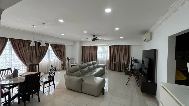 Living features: 5-blade ceiling fan with light, recessed LED downlights, cream leather sectional sofa, round dining table, 4 dining chairs, wall-mounted TV, TV console, floor-to-ceiling windows with sheer curtains, brown curtains, glossy tile flooring, white painted walls, air conditioning unit; style: modern.