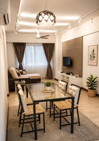 Living features: 5-blade ceiling fan with light, recessed LED downlights, sofa in beige fabric, coffee table, TV console, wall-mounted TV, area rug, dining table with glass top, 4 dining chairs with woven seats, decorative plant in ceramic pot, curtains in brown fabric, white painted walls, wooden flooring; style: modern.