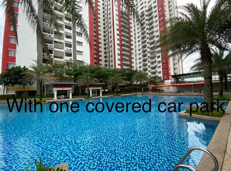 Exterior type: high-rise condominium; features: swimming pool with mosaic tiles, covered car park, landscaped garden with palm trees, pool deck with loungers, children's playground, outdoor dining pavilion, manicured lawn, feature lighting around the pool; style: modern.
