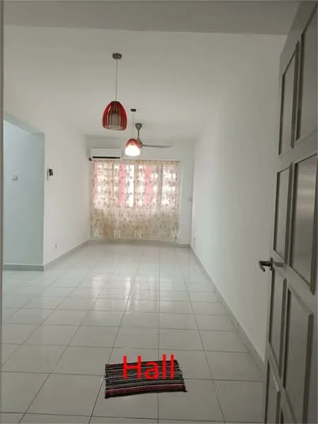 Hallway features: white painted walls, ceramic tile flooring, recessed downlights, 5-blade ceiling fan, 2 pendant lights in red, floor-to-ceiling windows with sheer curtains, open space layout, air conditioning unit on wall; style: modern.