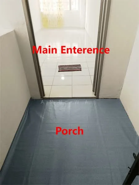 Room features: white painted walls, glossy white tile flooring, doorway, doormat, blue plastic covering on floor.