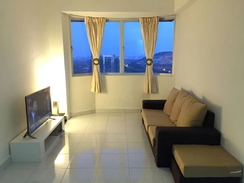 Living features: L-shape sectional sofa in beige and brown, white TV console, wall-mounted TV, floor-to-ceiling windows, sheer curtains, white painted walls, glossy ceramic tile flooring, decorative wall clock; style: modern; view: city.