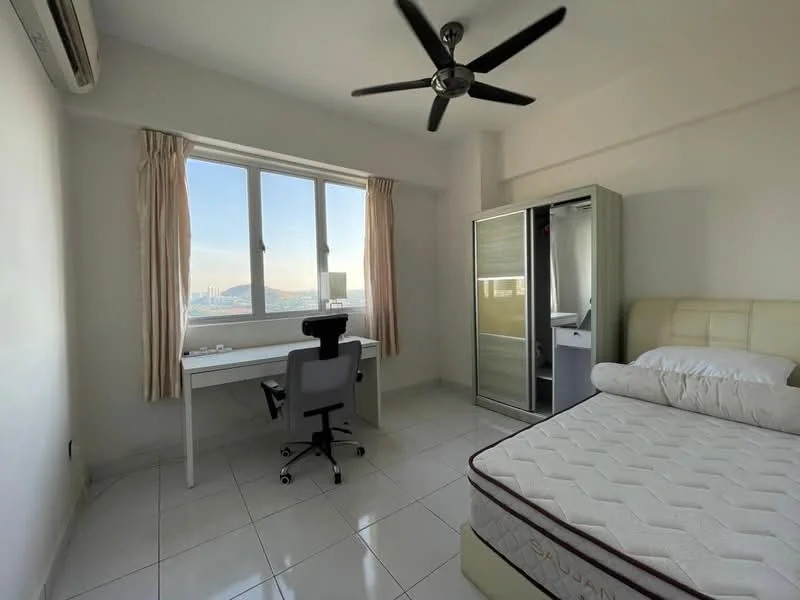 Bedroom features: queen-size bed, upholstered headboard, white bed frame, white walls, floor-to-ceiling windows, curtains, study desk, ergonomic office chair, built-in wardrobe with sliding doors, ceiling fan, white tiled flooring, city view; style: modern; view: city.