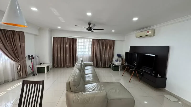 Living features: 3-seater leather sofa in light grey, coffee table, wall-mounted TV, TV console, ceiling fan with light, recessed LED downlights, floor-to-ceiling windows with sheer curtains, cream painted walls, glossy ceramic tile flooring, air conditioning unit; style: modern.