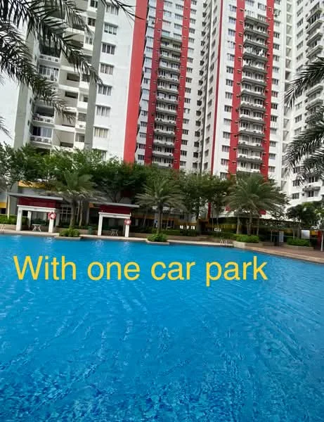 Exterior type: high-rise condominium; features: swimming pool, pool deck with loungers, landscaped garden, palm trees, manicured lawn, one car park, red and white facade, multiple storeys, balconies on upper floors; style: modern.