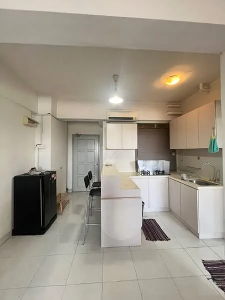 Kitchen features: white cabinetry, black refrigerator, stainless-steel gas hob, exhaust hood, single-bowl stainless-steel sink, chrome pull-down faucet, white tiled backsplash, white countertop, pendant light, recessed ceiling lights, tile flooring, open layout, bar seating area, wall-mounted air conditioning unit; style: modern.
