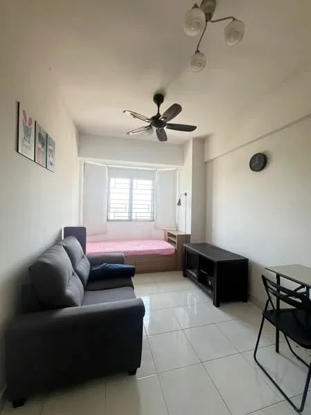Living features: 3-seater fabric sofa in grey, ceiling fan with light, white painted walls, glossy tile flooring, window with sheer curtains, bed with pink bedding, wooden bed frame, wooden side table, black TV console, round dining table with black chairs, wall clock; style: modern.