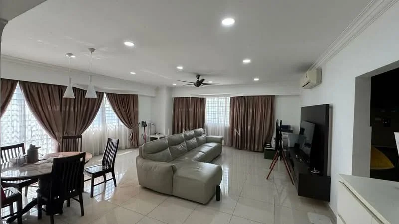 Living features: 3-seater leather sofa in light grey, coffee table, wall-mounted TV, TV console, dining table with 6 chairs, floor-to-ceiling windows, sheer curtains, blackout curtains, recessed LED downlights, ceiling fan, white painted walls, glossy tile flooring, air conditioning unit; style: modern.