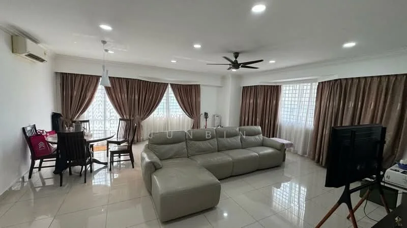 Living features: 3-seater leather sofa in light grey, coffee table, wall-mounted TV, TV console, ceiling fan with light, recessed LED downlights, floor-to-ceiling windows, sheer curtains, dark brown curtains, white painted walls, glossy ceramic tile flooring, air conditioning unit; style: modern.