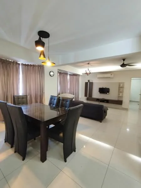 Dining features: 4-seater dining table with dark wood finish, upholstered dining chairs in black, pendant lighting above the table, cream painted walls, glossy tile flooring, floor-to-ceiling curtains in beige, wall clock, ceiling fan with light; style: modern. Living features: L-shape sectional sofa in dark fabric, wall-mounted TV, TV console with storage, cream painted walls, glossy tile flooring, air conditioning unit on the wall, decorative wall shelf, ceiling fan; style: modern.