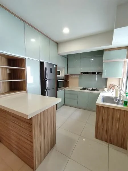Kitchen features: light green cabinetry, white countertop, stainless-steel fridge, built-in oven, 4-burner gas hob, stainless-steel sink, chrome pull-down faucet, open shelving, tile flooring, recessed downlights; style: modern.