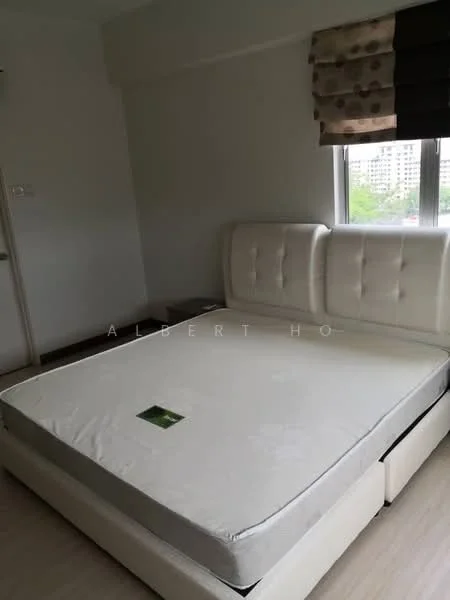 Bedroom features: queen-size bed frame, upholstered headboard, empty mattress, wooden flooring, floor-to-ceiling window, roller blinds, neutral wall colour, decorative curtain, nightstand, built-in wardrobe; style: modern; view: city.