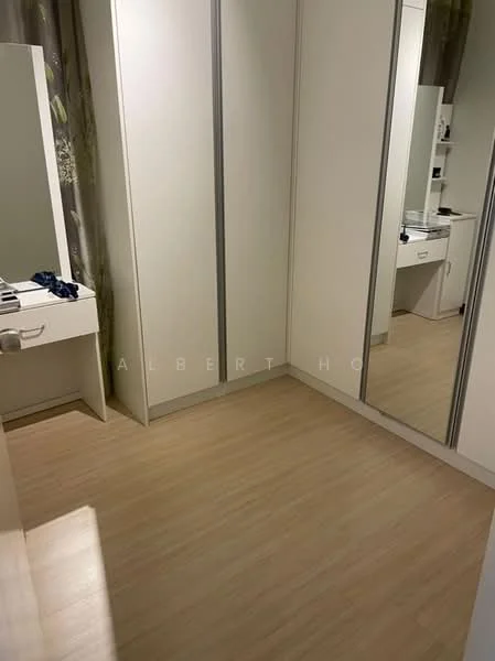 Room features: laminate flooring, white painted walls, built-in wardrobe with sliding doors, full-length mirror, dressing table with drawer, curtains, natural light from window, neutral color scheme; style: modern.