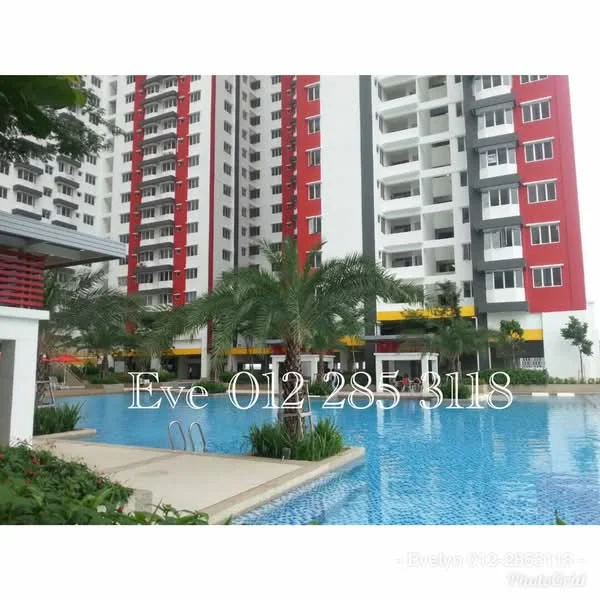 Exterior type: high-rise condominium; features: swimming pool, pool deck with loungers, landscaped garden, palm trees, multi-storey building, red and white facade, balconies on upper floors, manicured lawn; style: modern.