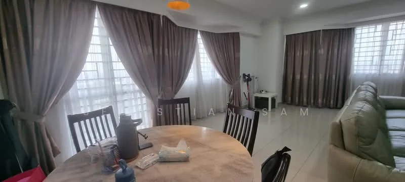 Living features: light grey leather sofa, round dining table, wooden dining chairs, large windows with sheer curtains, grey curtains, white walls, tile flooring, ceiling light fixture; style: modern.