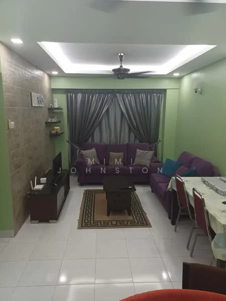 Living features: 3-seater fabric sofa in purple, 2-seater fabric sofa in purple, coffee table, TV console, wall-mounted TV, area rug with geometric pattern, ceiling fan with light, recessed LED downlights, green painted walls, feature wall with stone cladding, curtains in grey, dining table with chairs; style: modern.