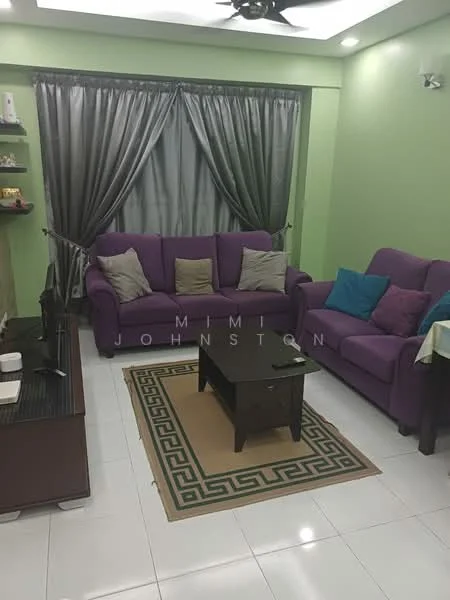 Living features: purple fabric sofa, 2-seater purple sofa, coffee table, TV console, wall-mounted TV, area rug with geometric pattern, white tiled flooring, green painted walls, grey curtains, ceiling fan with light, shelves with decorative items; style: modern.