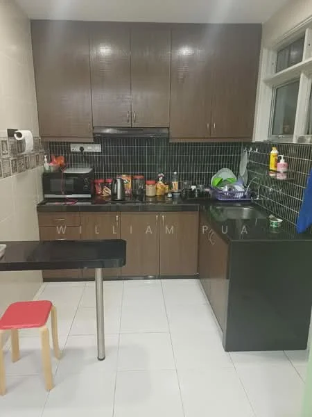 Kitchen features: black granite countertop, brown wooden cabinetry, stainless-steel sink, chrome pull-down faucet, black tile backsplash, white ceramic tile flooring, built-in oven, microwave, electric kettle, toaster, coffee machine, stainless-steel fridge, small dining table with black top, red stool, window with sheer curtains; style: modern.