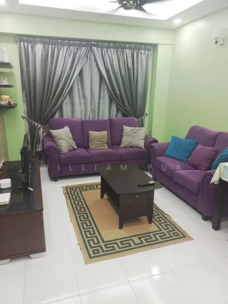 Living features: purple fabric 3-seater sofa, purple fabric 2-seater sofa, coffee table, TV console, wall-mounted TV, white tiled flooring, green painted walls, grey curtains, ceiling fan with light, area rug with geometric pattern, decorative cushions; style: modern.