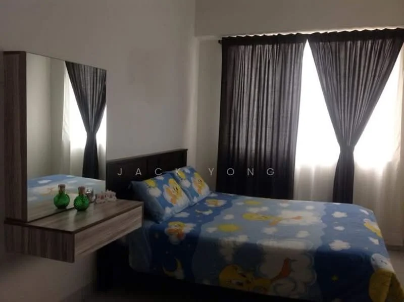 Bedroom features: queen-size bed with cartoon bedding, wooden bedside table, framed mirror above bedside table, blackout curtains, two large windows, light-colored walls, tile flooring; style: modern.